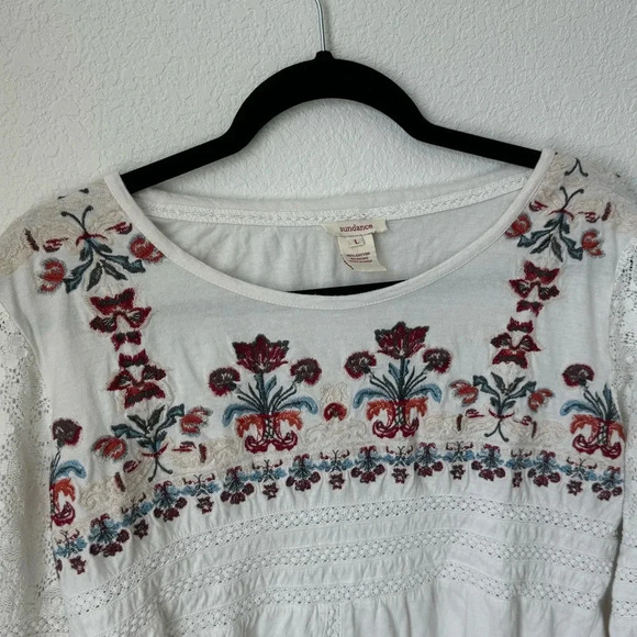 Sundance Cotton Boho Embroidered Lace Long Sleeve Top - Picture 3 of 5
